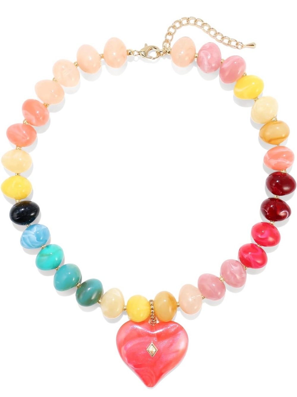 Multicolor Dopamine Beaded Marbled Necklace with Pink Heart Pendant NEW - Picture 5 of 5